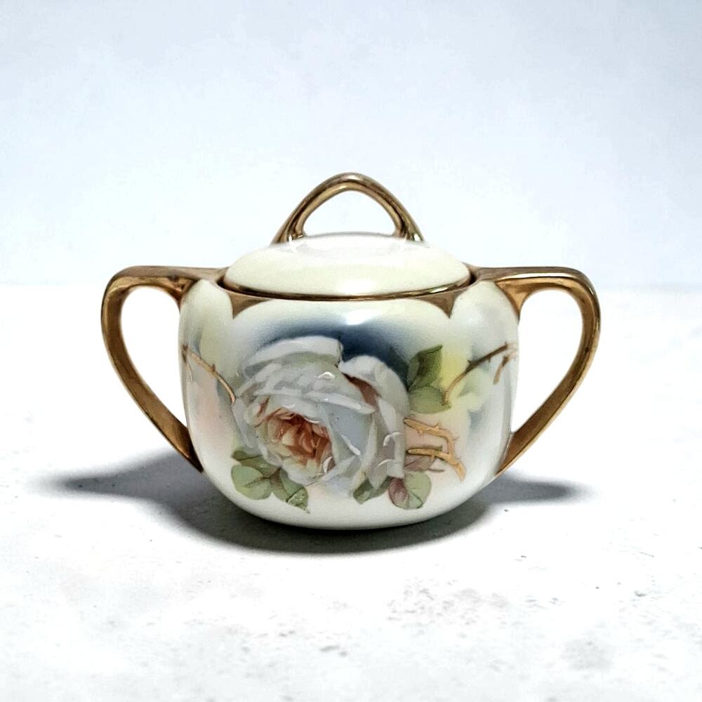 Royal Rudolstadt Prussia Germany lidded Sugar Bowl Art Nouveau Floral Gold Gilt